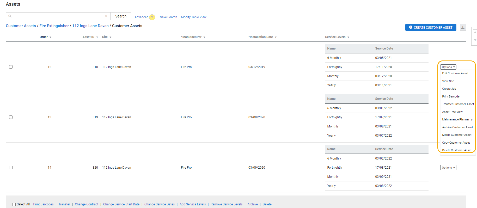 A screenshot of the options menu on an asset.