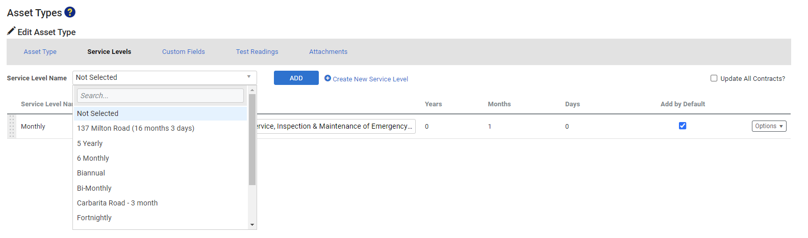 A screenshot of service levels being added to an asset type.