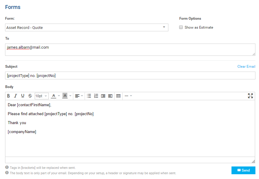 A screenshot of an asset form being emailed.