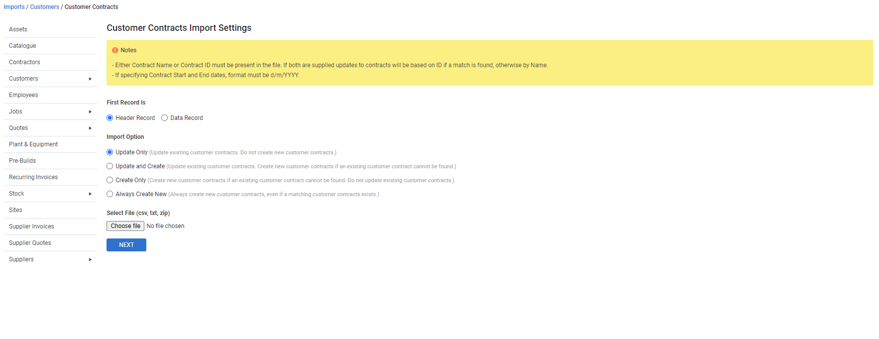 A screenshot of the Customer Contracts Import Settings page.
