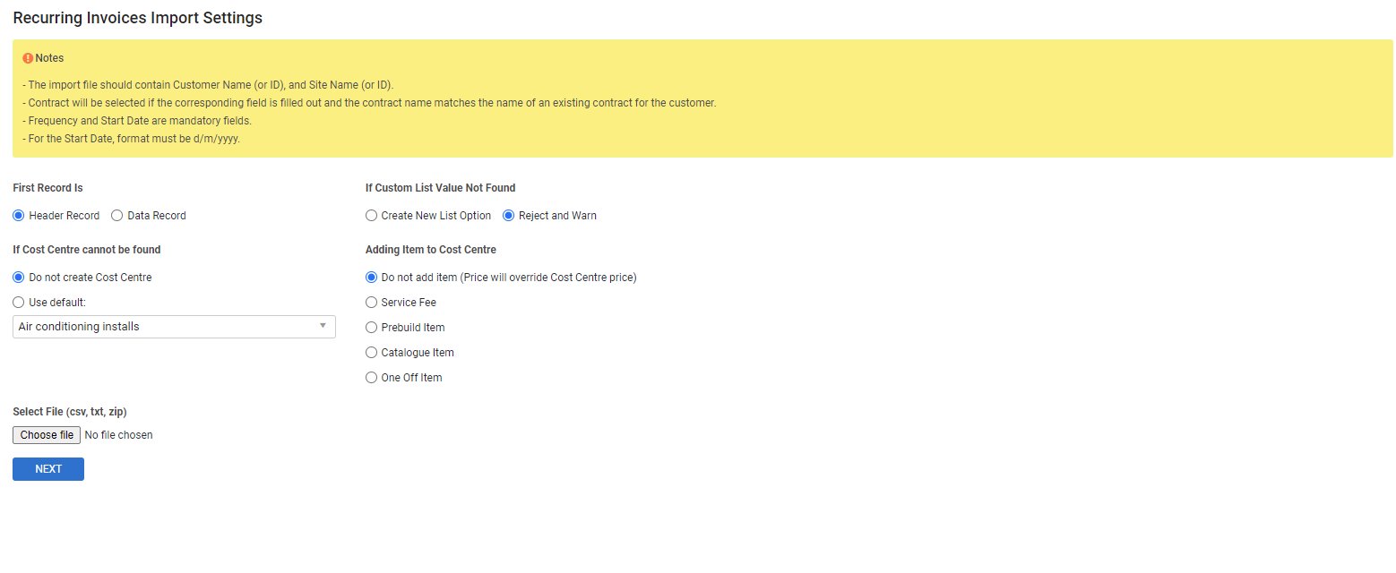 A screenshot of the Customer Import Settings page.