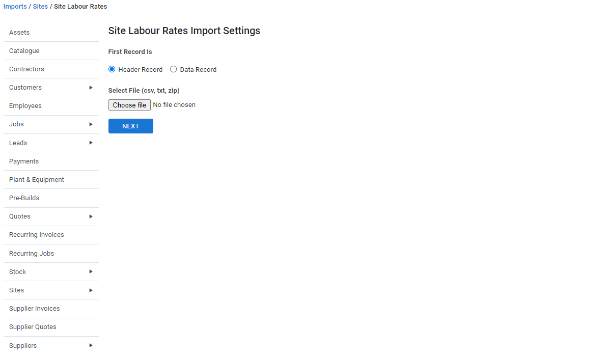 A screenshot of the Import Customer Notes page.