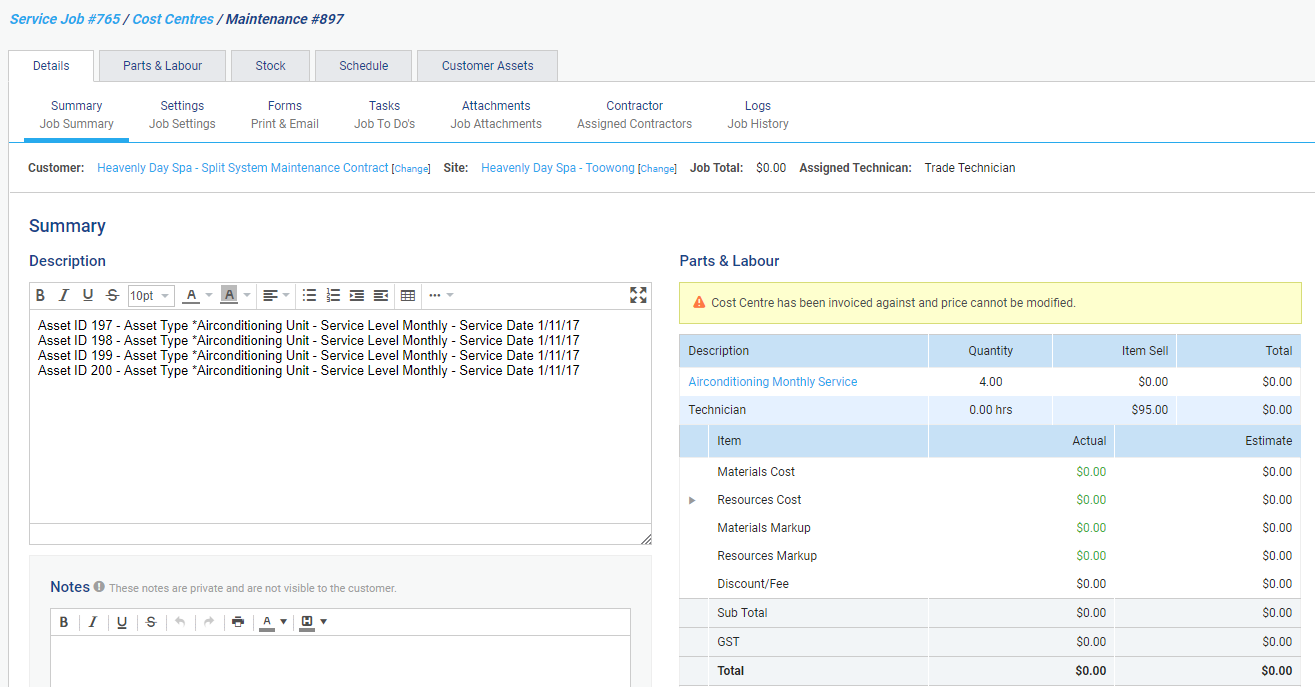 A screenshot of a Maintenance Planner job linked to a contract with a zero value sell price.