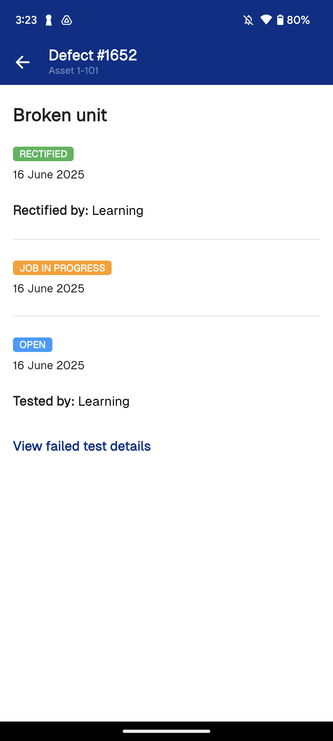 A screenshot of a defect history in Simpro Mobile.