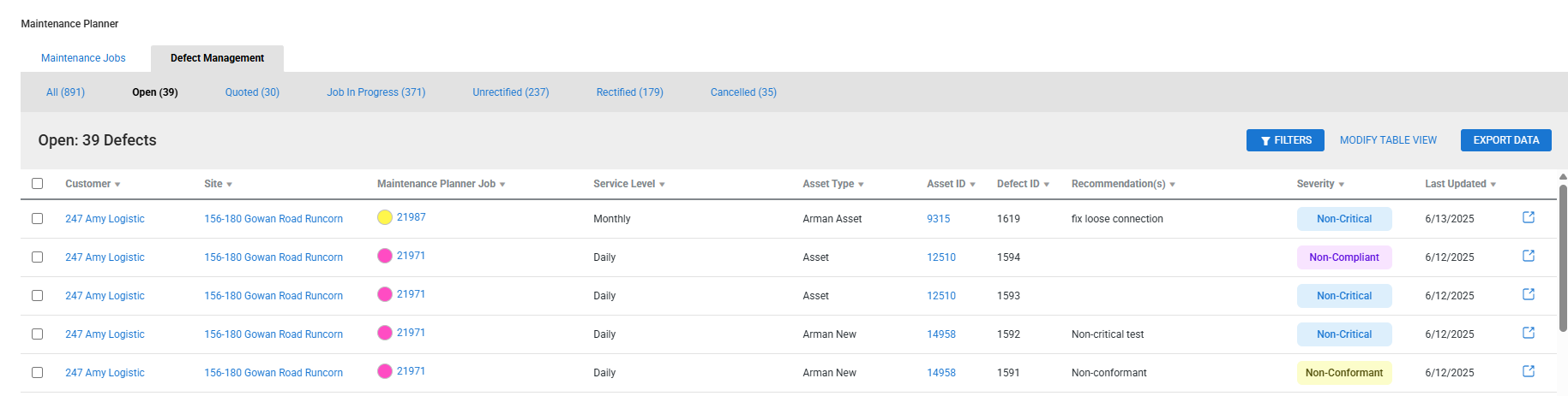 A screenshot of the defect management tab.