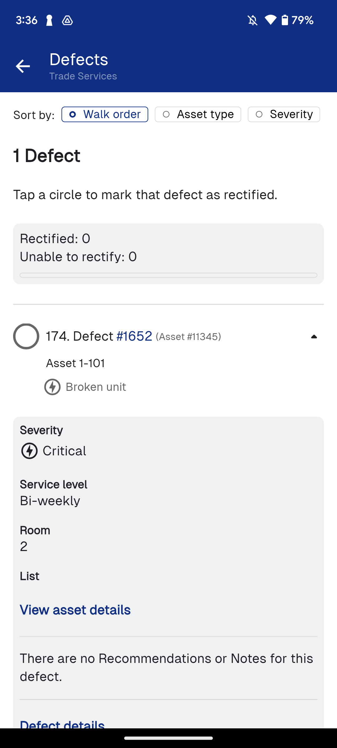 A screenshot of a defect in Simpro Mobile.
