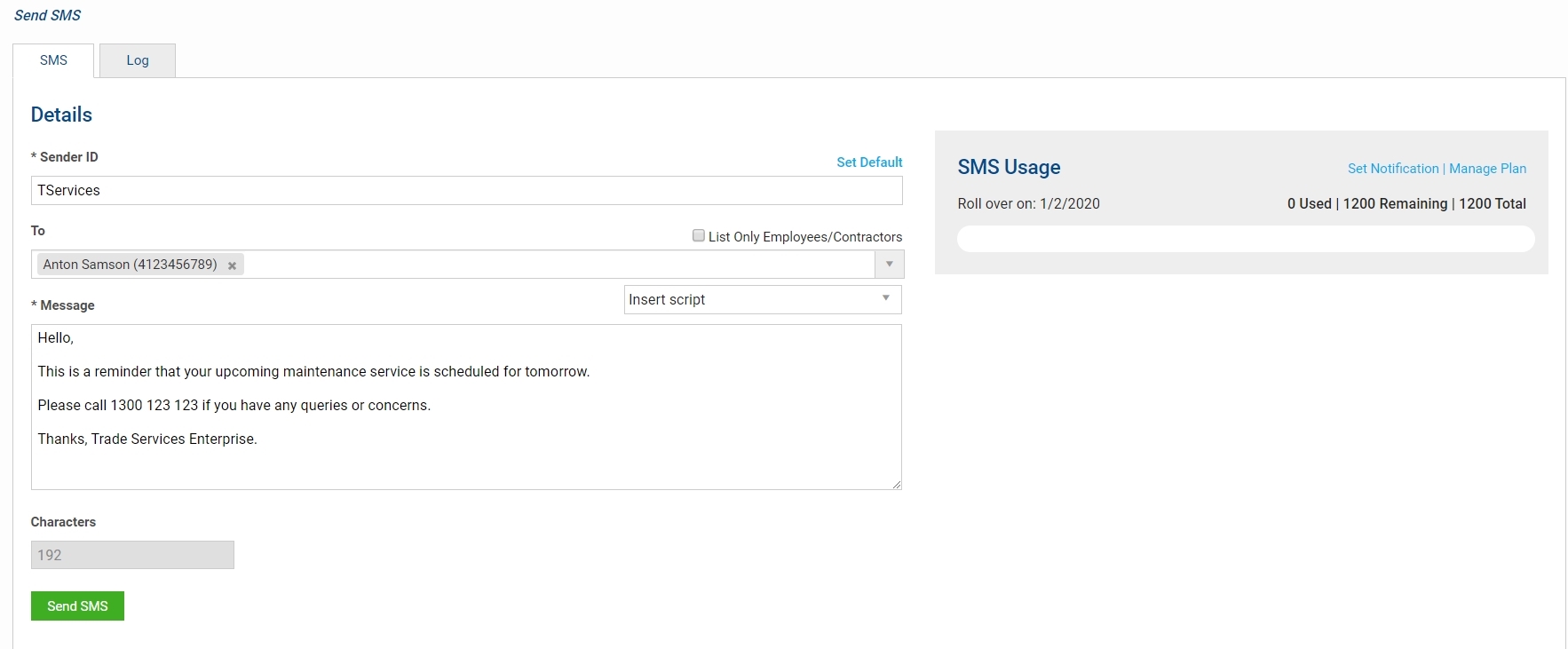 A screenshot of a custom SMS message in Simpro Premium.