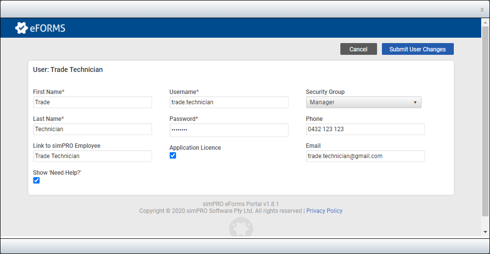 A screenshot of the Create User pop-up in the eForms portal.