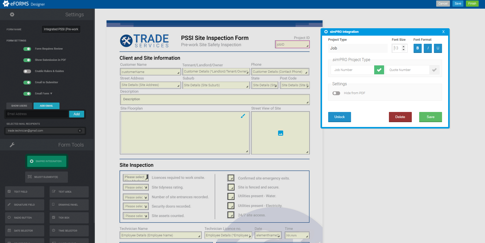 A screenshot of a form template with a field added and the editing options open to the right.