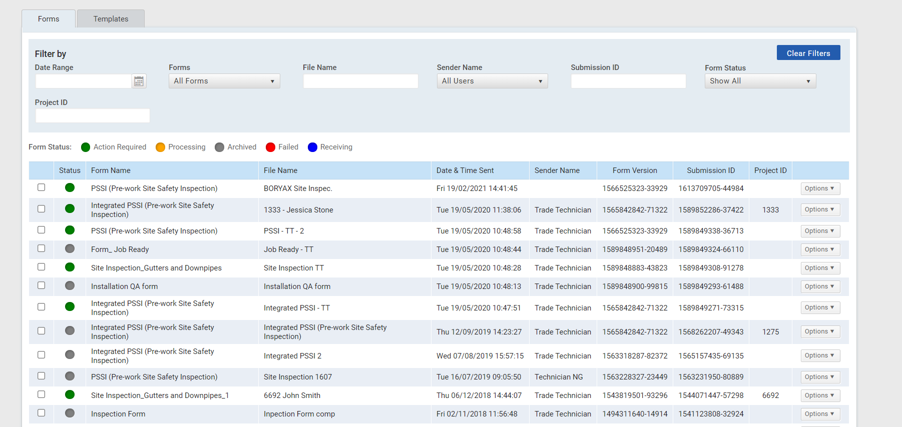 A screenshot of the submissions overview in the eForms portal, with a list of forms, their file names, and date and time sent.