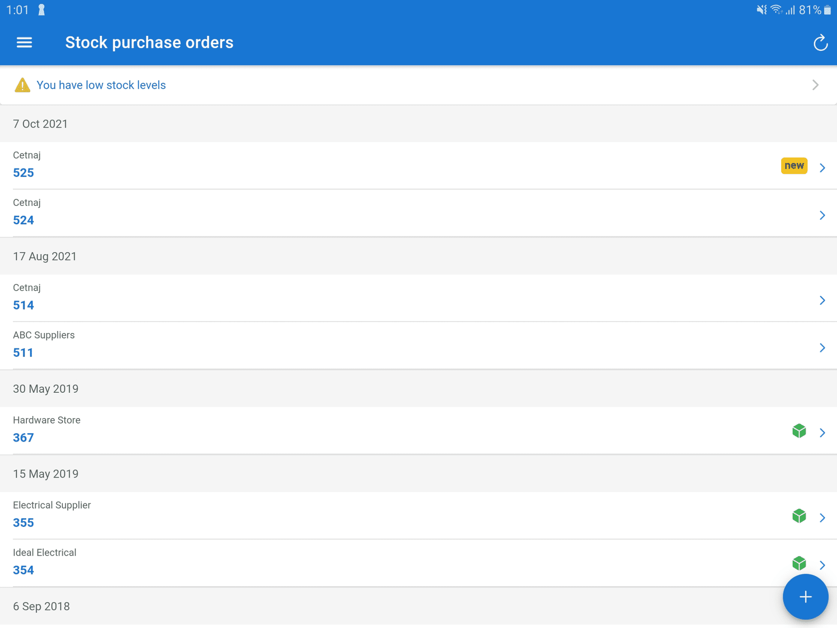 A screenshot of purchase orders in the Stock Module.