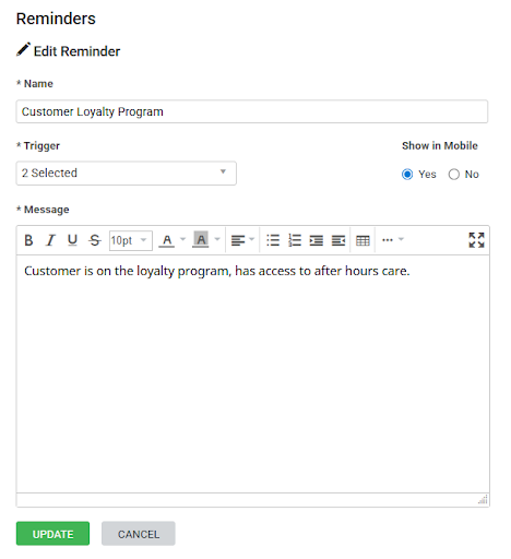 A screenshot of a reminder being set up.