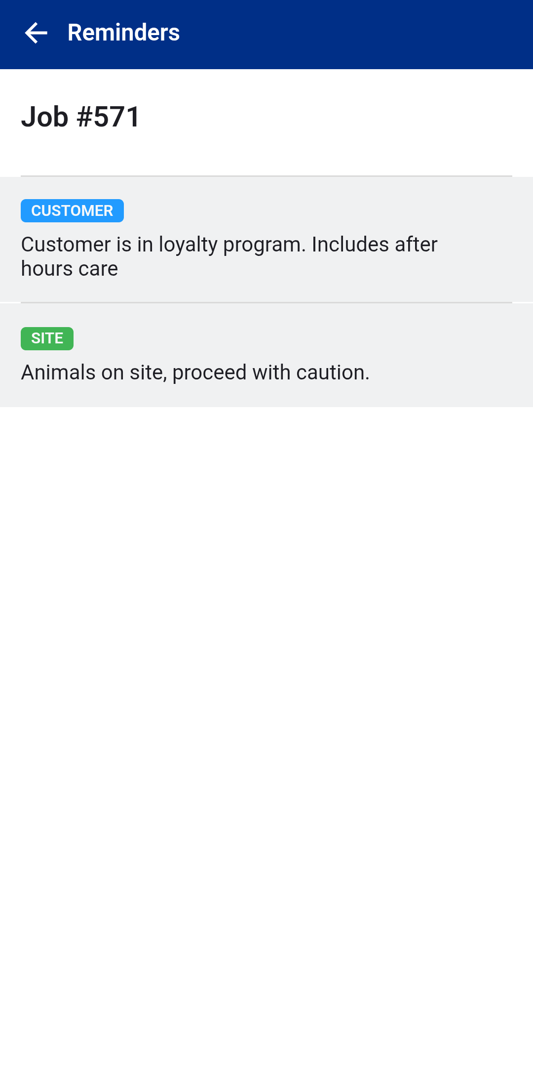 A screenshot of reminders in the service module.